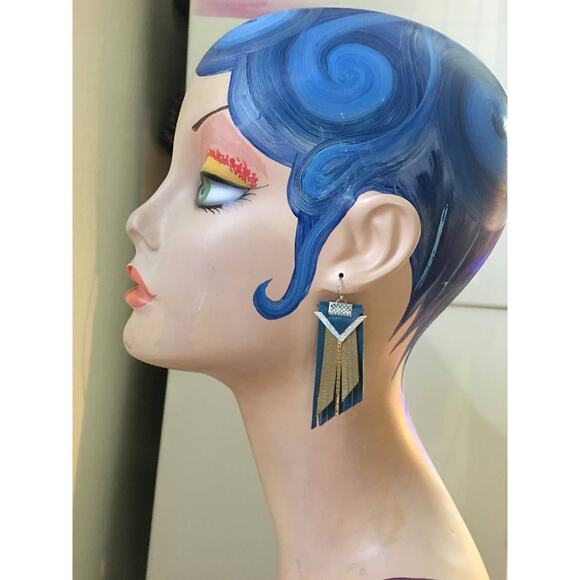 Western  Fringe Dark turquoise dark gold boho leather fringe statement earrings - Picture 6 of 10